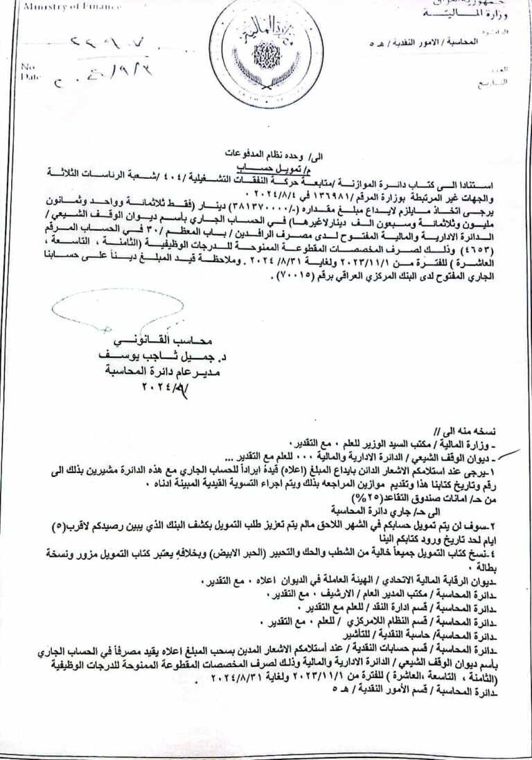 الوقف الشيعي يبارك لموظفيه المستحقين تنفيذ قرار منح مخصصات مقطوعة ال 50٪